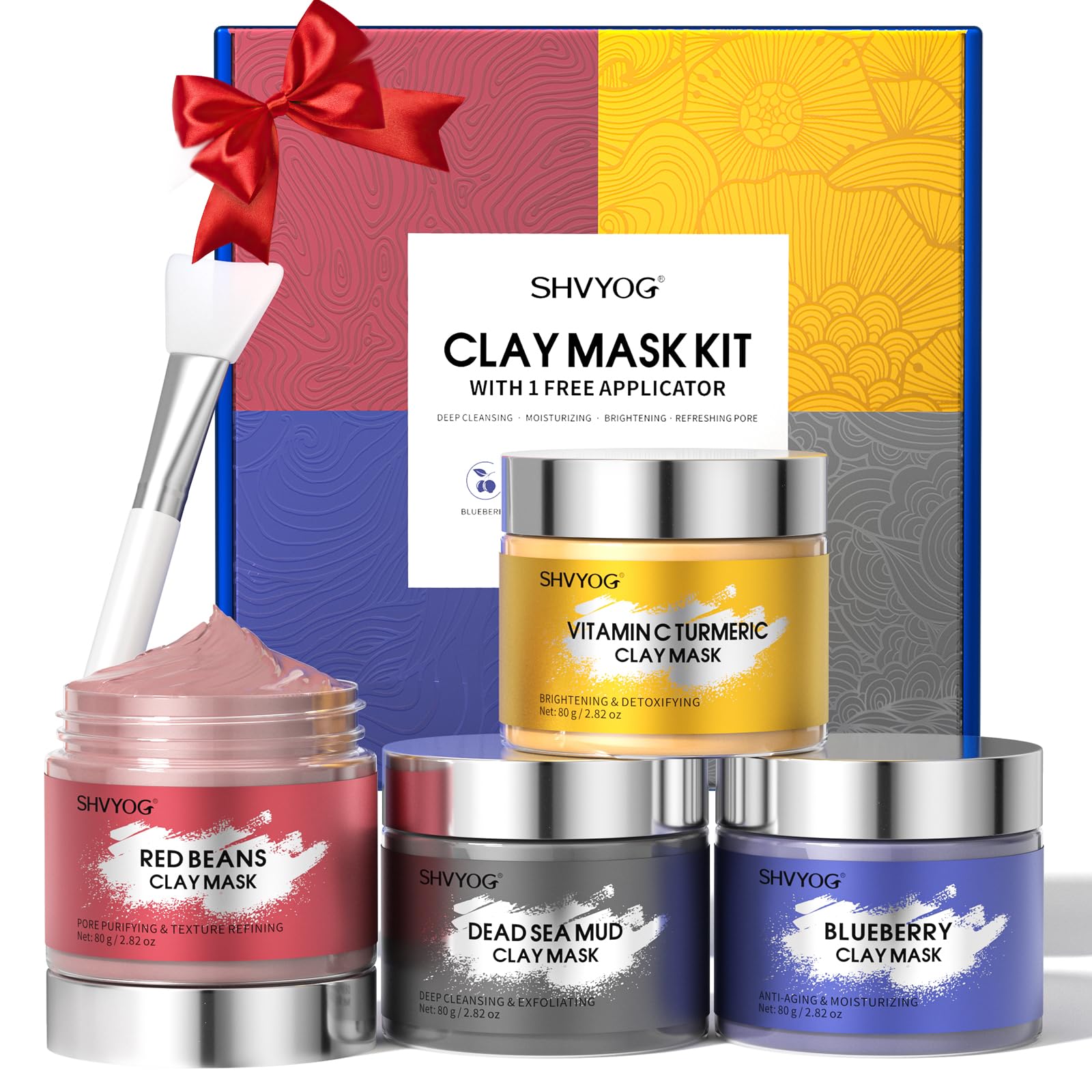 4 Pcs Clay Mask Set Vitamin C Turmeric Facial Mask Dead Sea Mud Mask Blueberry & Red Beans Clay Mask Face Masks Skincare for Deep Cleansing Refining Pores Moisturizing 320g
