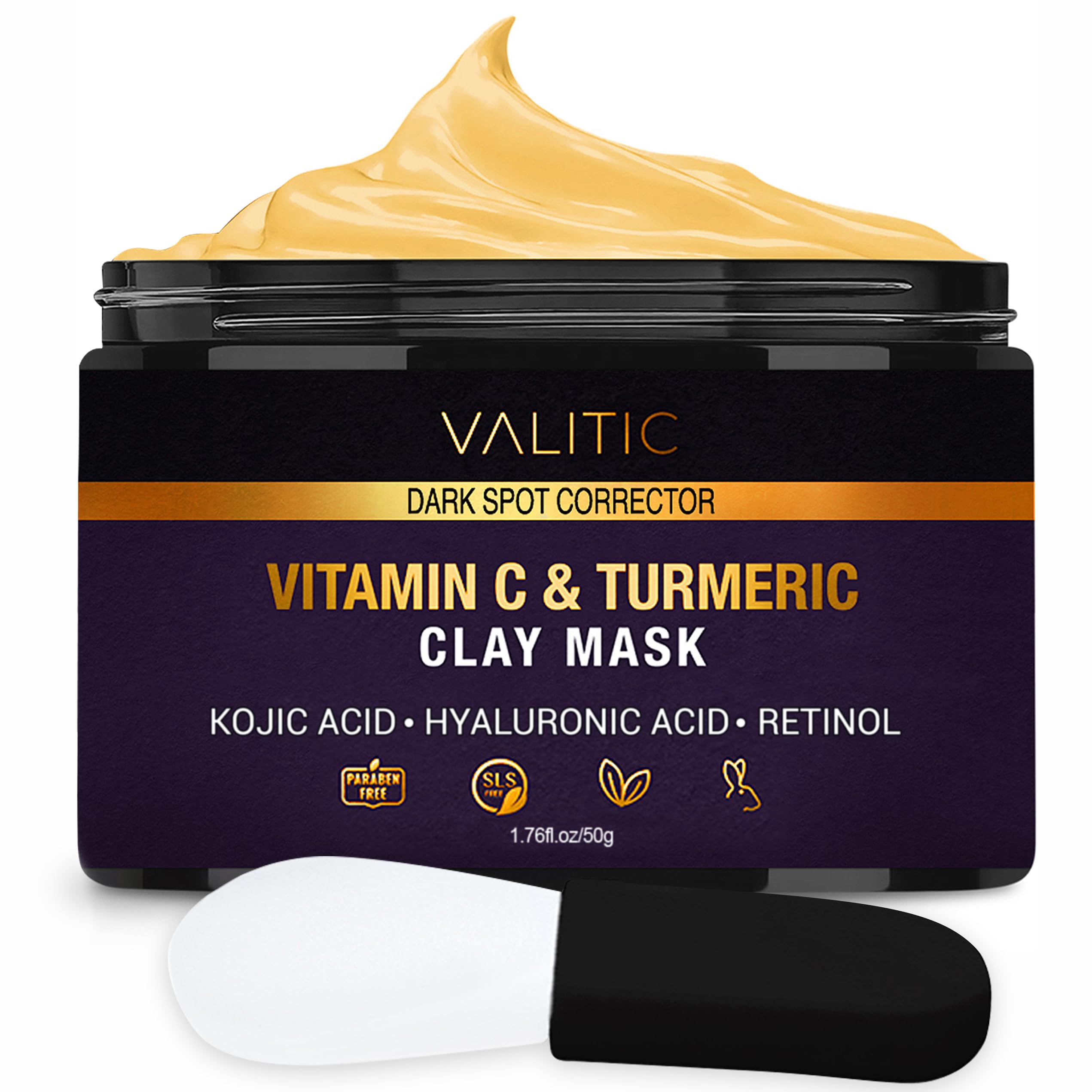 VALITIC Vitamin C & Turmeric Clay Mask - Dark Spot Corrector with Kojic Acid Hyaluronic Acid & Retinol - Skin Care Routine for Minimizing Pores & Blackheads - with Applicator Brush - 50g
