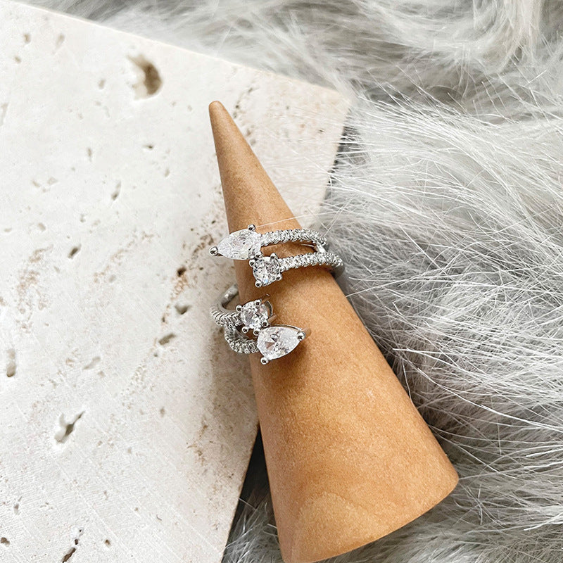 Cold Wind Zircon Water Drops Dual Layer Ring